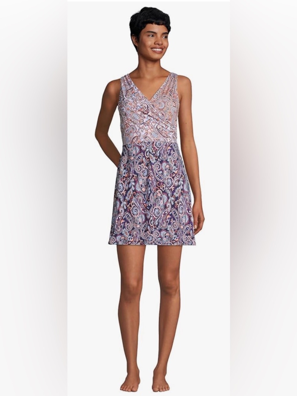 NWT Lands' End Womens Chlorine Resistant Surplice Swim Dress Deep Navy Paisley